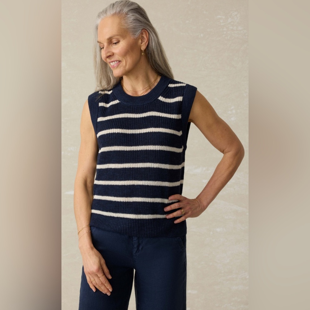 Faherty - Miramar Linen Sweater Tank - North Sea Stripe Navy and White Striped